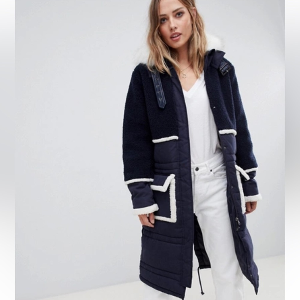 Urbancode ASOS longline navy parka coat with contrast borg trim UK size 6 / US 2